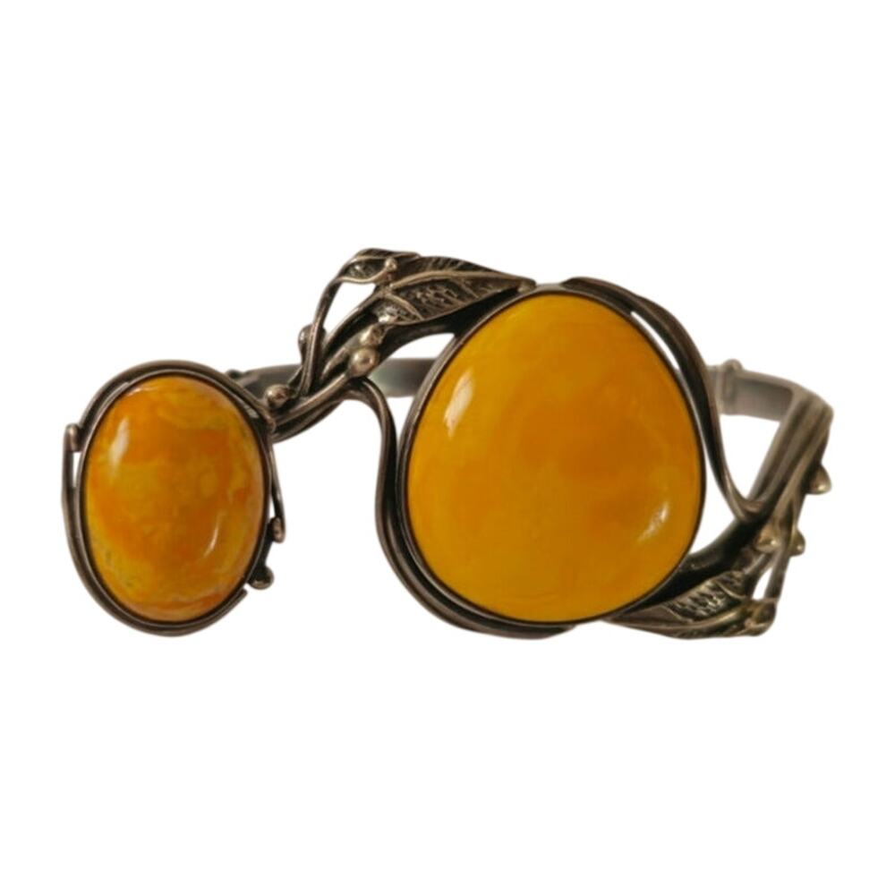 Vintage Art Nouveau Sterling Butterscotch Egg Yolk Amber Bracelet Ring Set